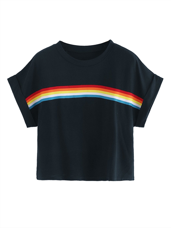 Round neck rainbow striped t-shirt women - hujoin apparel