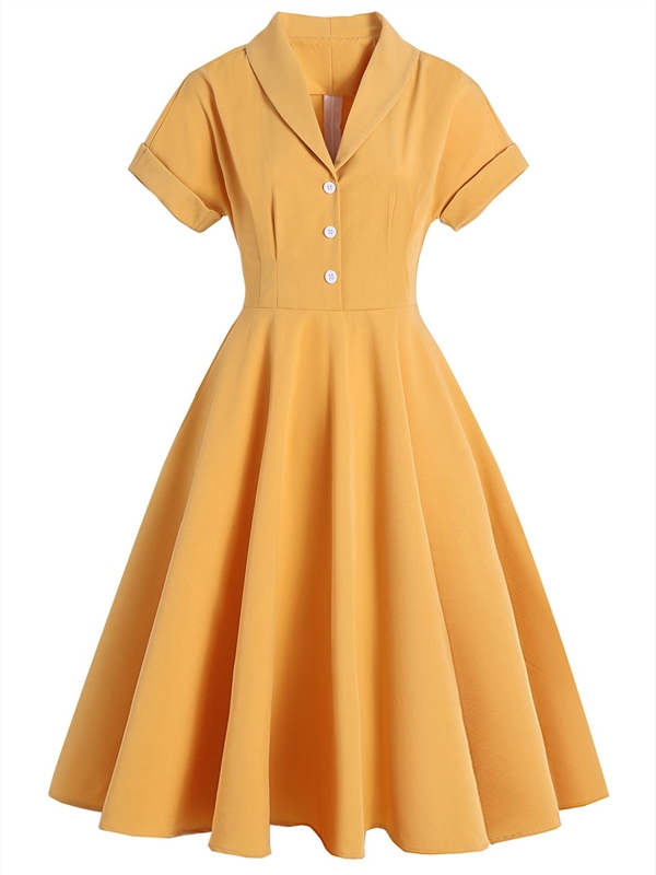Solid Retro Elegant Mid-length A-line Yellow Dress - hujoin apparel